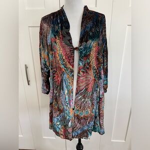 Aris A. Silk Art to Wear Velvet Peacock Kimono Topper Jacket S/M Cardigan